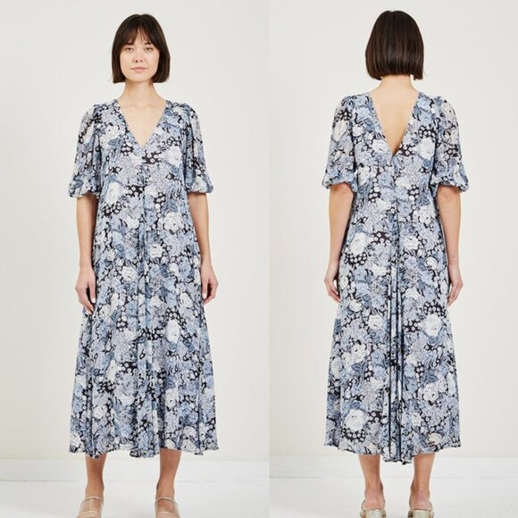 Ganni Elm Georgette Puff Sleeve Maxi Dress in Heather